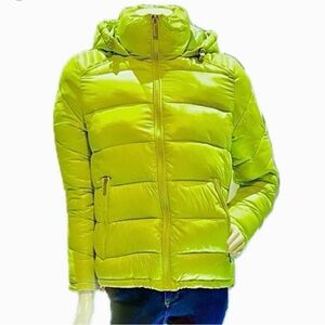 🧥🎿 GUESS Neon Green Quilted Puffer Jacket | Sz M‎ | Hooded Ski Snowboard USA